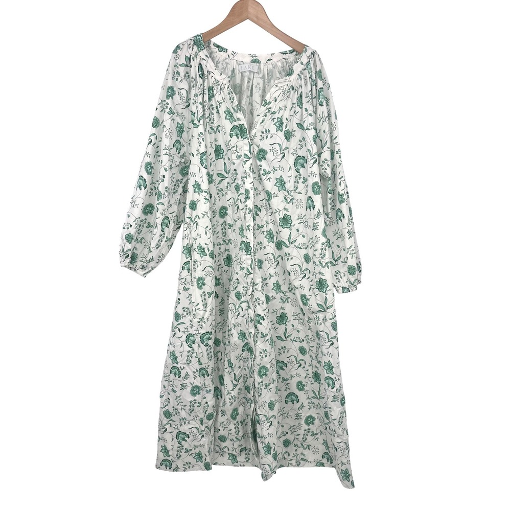 LAKE Pajamas Womens L Green Floral Cotton Poplin Patio Dress Nap Loungewear